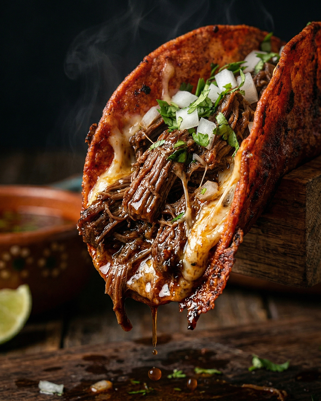 Birria tacos. Slow-braised beef, consommé dip, melted Oaxacan cheese, crispy tortilla. The kind of taco that ruins all other tacos.