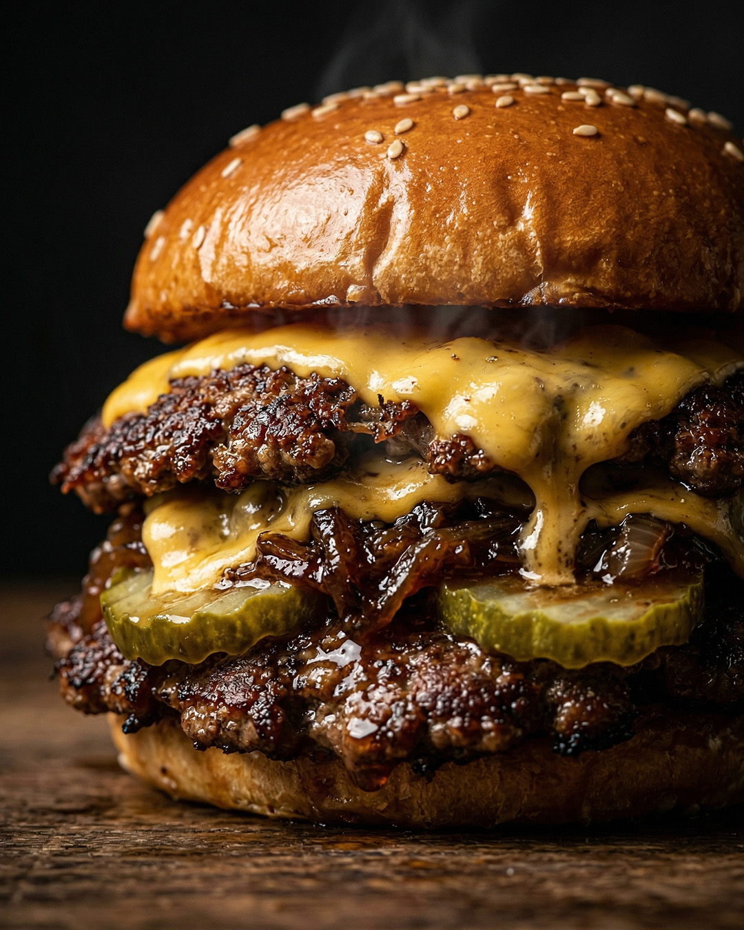 Smash burger. Double smashed patties, American cheese waterfall, caramelized onions, pickles, house sauce. Proof that simple wins.