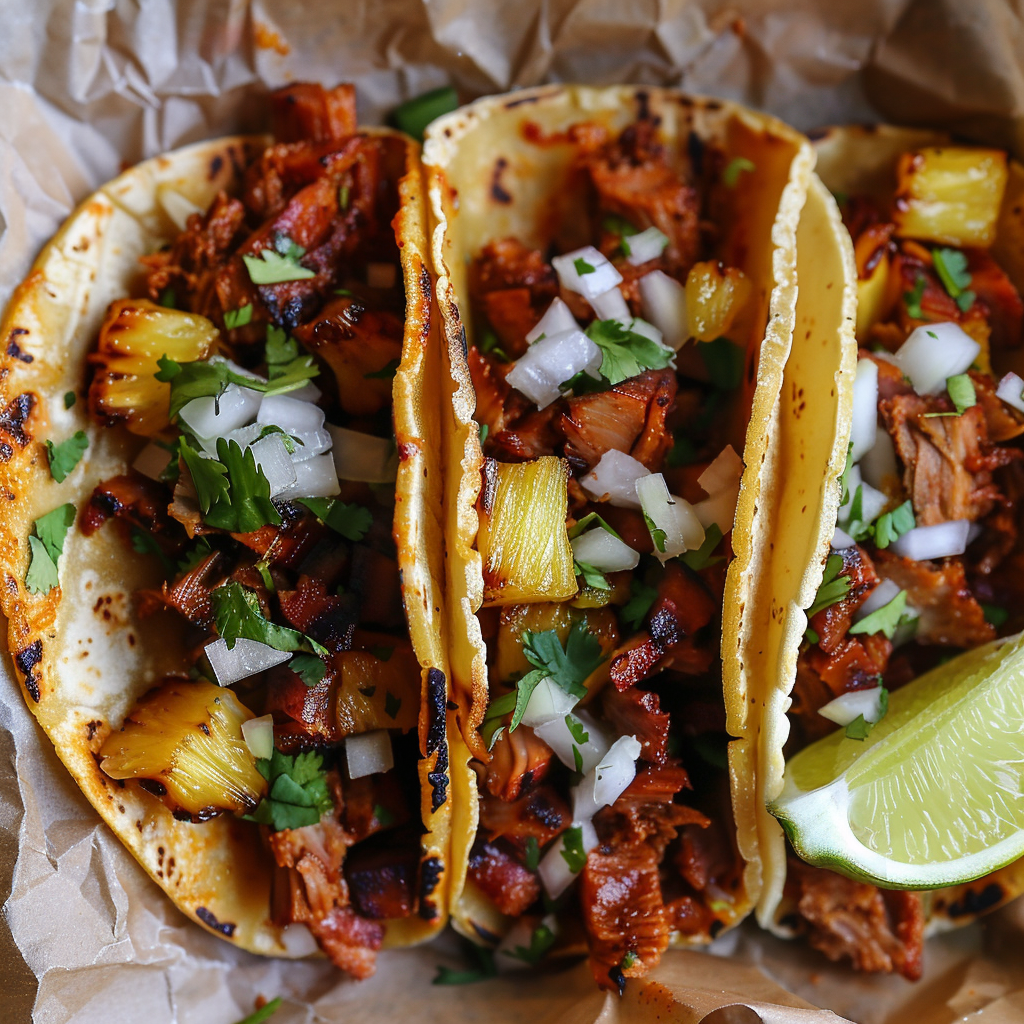 Marinated pork, charred and shaved, piled into warm corn tortillas with pineapple, onion, and cilantro. Sweet, smoky, a little messy—in the best way.