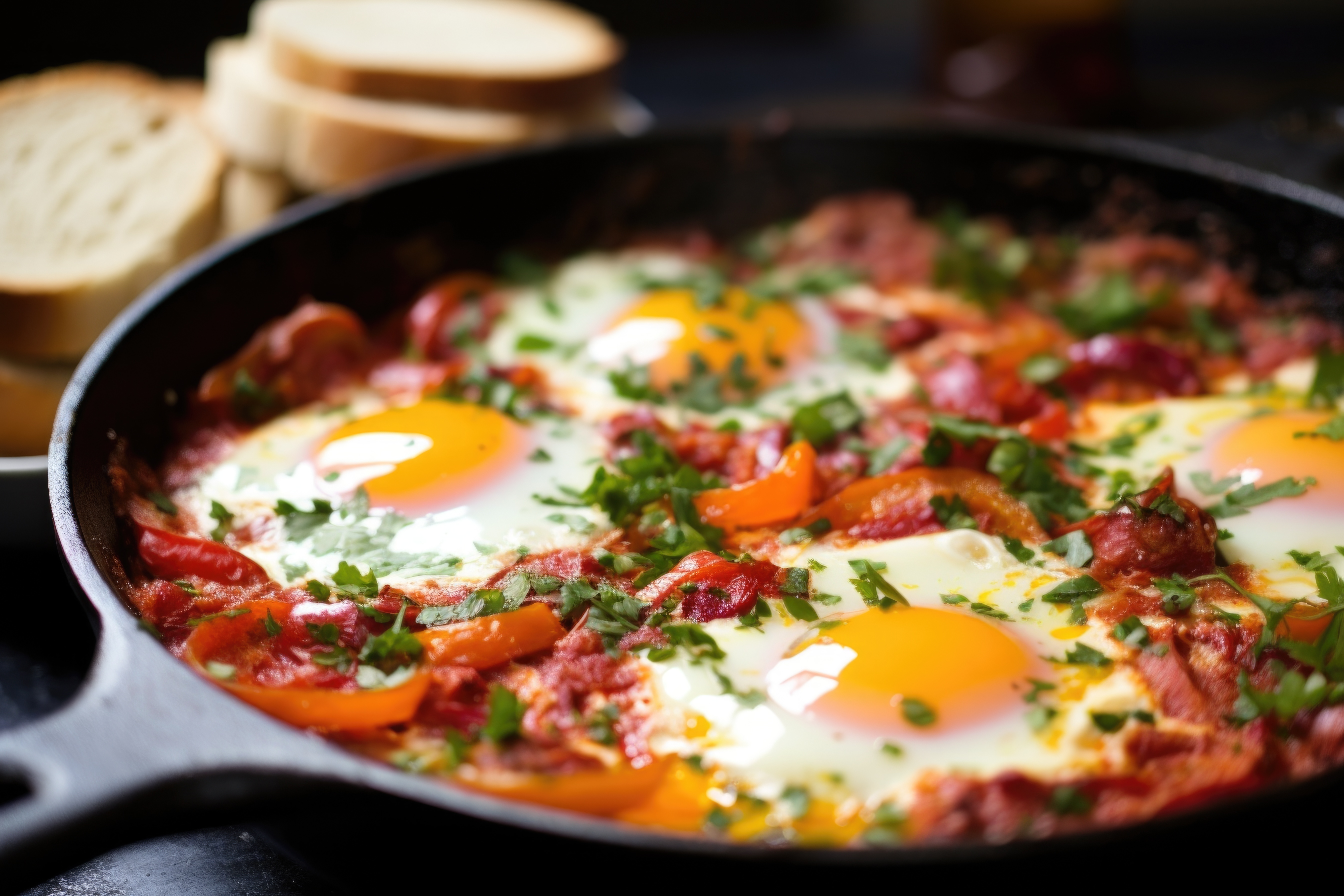 A vibrant North African dish of eggs poached in a spicy tomato and pepper sauce. Bold, aromatic, and perfect for dipping with crusty bread.