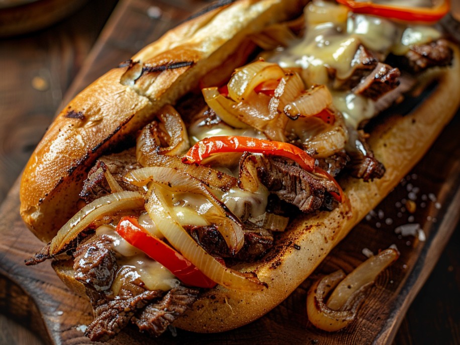 Shaved ribeye cooked on a flat top with onions and peppers, piled into a toasted Amoroso roll with Cheez Whiz. Authenticity matters here. This is not a steak sandwich — it is a cheesesteak.