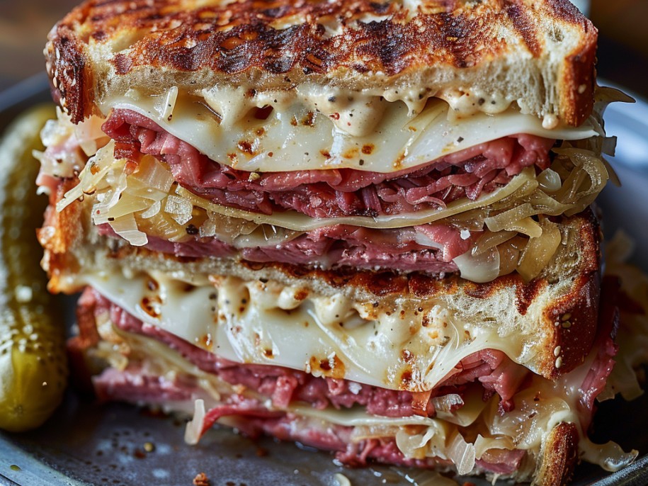 Thinly sliced corned beef, Swiss cheese, homemade Thousand Island, and sauerkraut on rye bread grilled in butter until the cheese melts and the bread is crispy and golden.