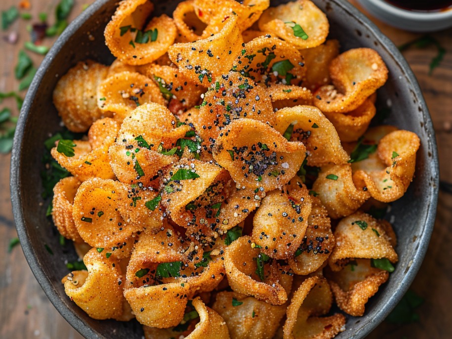 The TikTok snack that actually delivers. Farfalle cooked al dente, tossed in olive oil, parmesan, garlic powder, and Italian seasoning, then air-fried until crispy and golden. Dangerous to make because you cannot stop eating them.