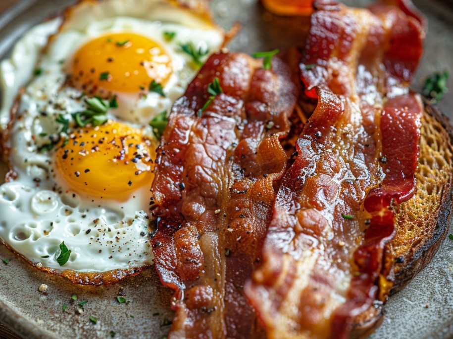 Simple, perfect, irreplaceable. Thick-cut bacon cooked until the fat renders and the edges crisp, served with sunny-side-up eggs fried in the bacon drippings. No apologies.