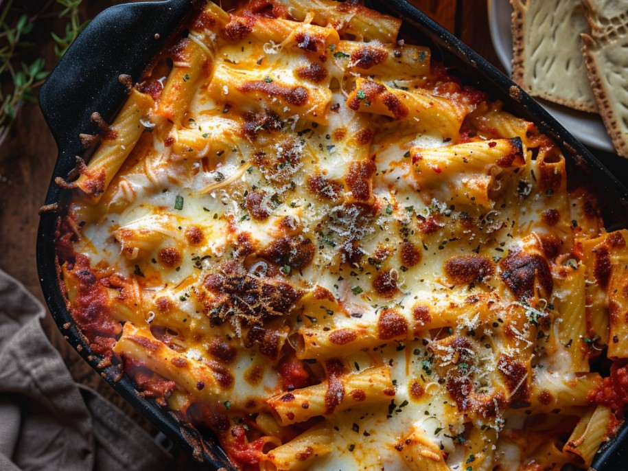 Rigatoni in a rich ricotta and meat sauce, baked under a blanket of melted mozzarella and parmesan until the top is golden and the edges bubble. Family style, no apologies.
