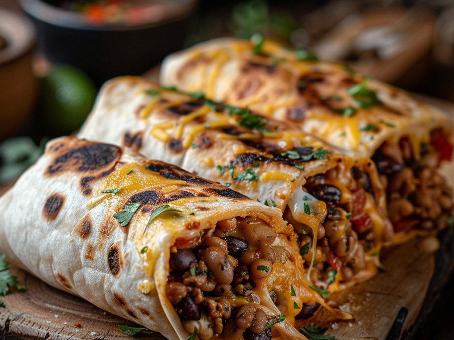 A proper Mission-style burrito: a large steamed flour tortilla wrapped around cilantro rice, pinto beans, cheese, sour cream, guacamole, and salsa. Huge, heavy, and worth it.