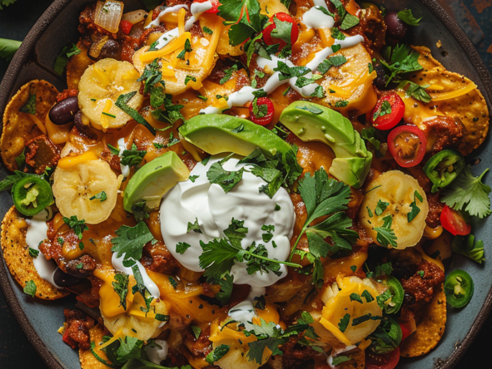 Sweet fried plantains replace tortilla chips as the base for this Caribbean-inspired nacho platter. Topped with black beans, pulled jerk chicken, mango salsa, coconut crema, and cotija. Absolutely addictive.