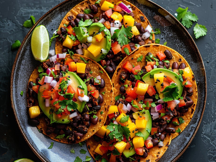 Crispy corn tostadas topped with spiced black beans, avocado crema, pickled red onion, mango, and a drizzle of scotch bonnet hot sauce. Plant-based, vibrant, and completely satisfying.