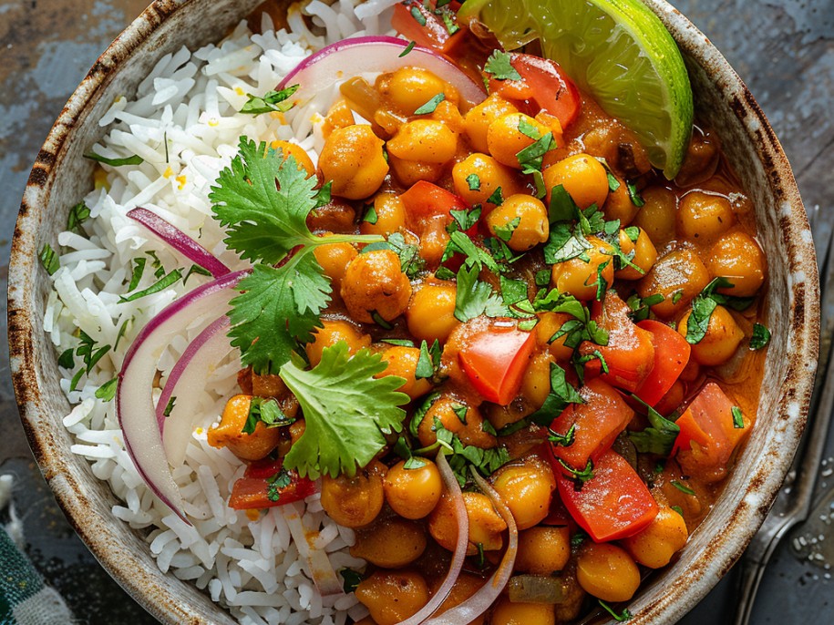 Trinidad-style chana — chickpeas in a rich curry sauce with geera, shadow beni, and scotch bonnet — served over basmati rice with mango chutney and doubles bread. A complete Caribbean street food experience at home.