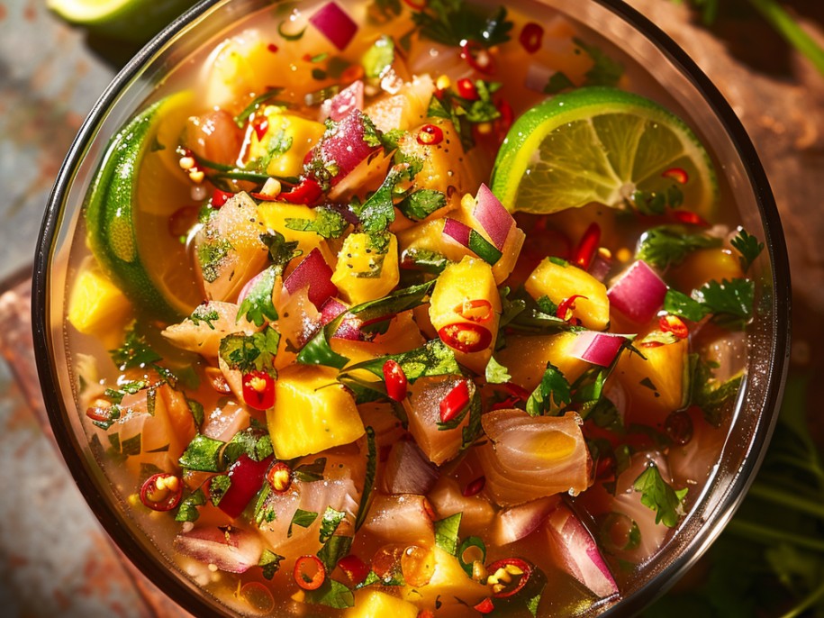 Tropical ceviche bursts with bright citrus and fresh flavor—tender fish marinated in lime, tossed with mango, pineapple, red onion, and cilantro. It’s light, refreshing, and perfectly balanced with a subtle kick of heat.