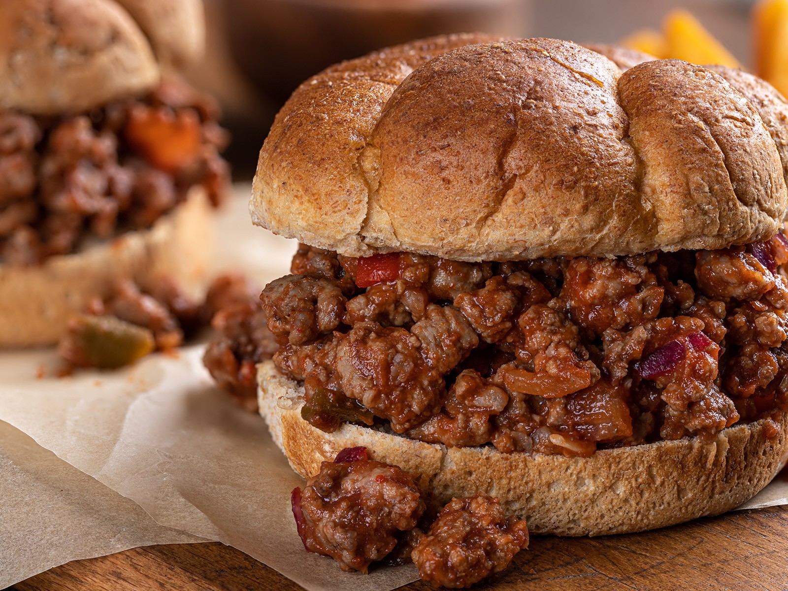 The most underrated weeknight dinner. Ground beef in a tangy, slightly sweet tomato sauce piled onto a toasted brioche bun. Messy by design. Served with coleslaw on top if you are smart.