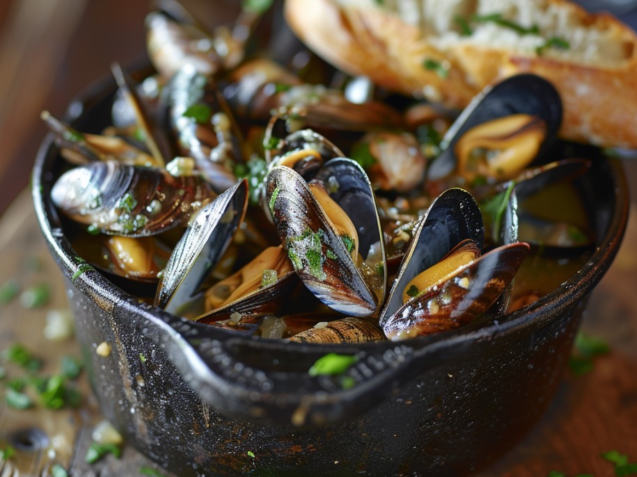 Moules marinières — the Belgian classic. Fresh mussels steamed open in white wine, shallots, garlic, and thyme. The broth is the masterpiece. Served with twice-fried Belgian frites and aioli for dipping both.