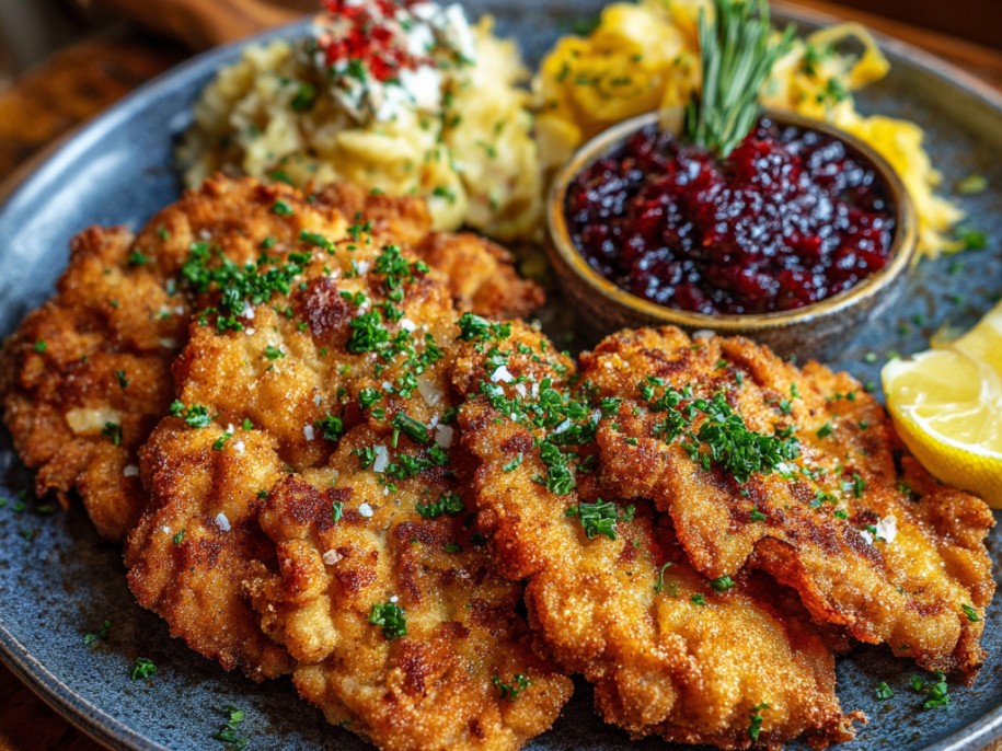 Pork loin pounded thin, breaded in fine breadcrumbs, and fried in clarified butter until the crust is blistered and golden. Served with lingonberry jam, lemon wedges, and a simple potato salad. Austrian by origin, German by adoption.