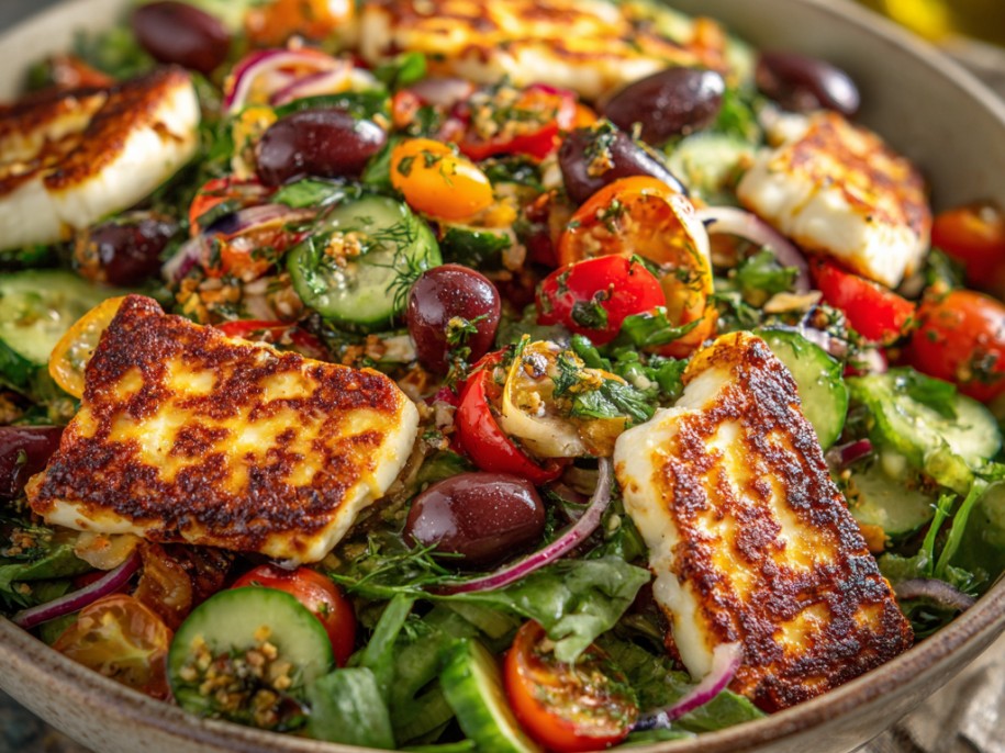 Slabs of halloumi grilled until the outside is golden and the inside is soft and squeaky, served over a bed of watermelon, cucumber, mint, and arugula with a pomegranate molasses dressing. The salad that makes everyone ask for the recipe.