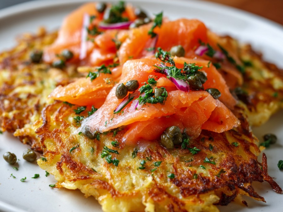 Grated potato pressed into a crispy golden cake in a cast iron pan and topped with crème fraîche, cold-smoked salmon, capers, red onion, and fresh dill. Swiss breakfast meets Nordic brunch.
