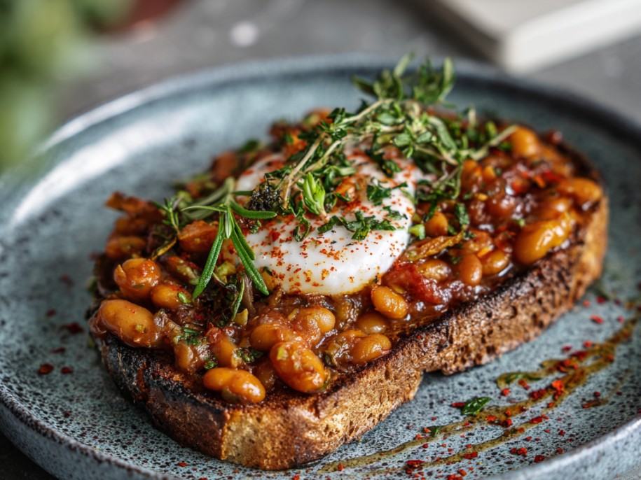 Homemade white beans slow-cooked in a rich tomato sauce with smoked bacon, Worcestershire, and fresh thyme. On toasted sourdough with a fried egg on top and a drizzle of hot sauce. The dish that earned its upgrade.