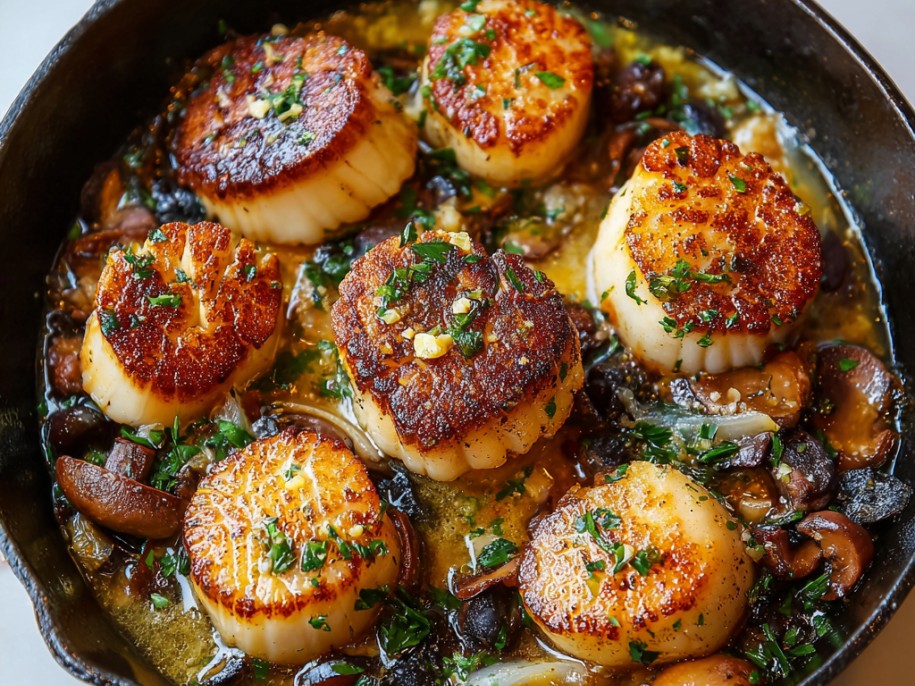 Dry-brined sea scallops seared in clarified butter until they develop a deep mahogany crust on one side. Served with a brown butter, lemon, and caper sauce over a silky cauliflower purée. Restaurant technique, home kitchen results.