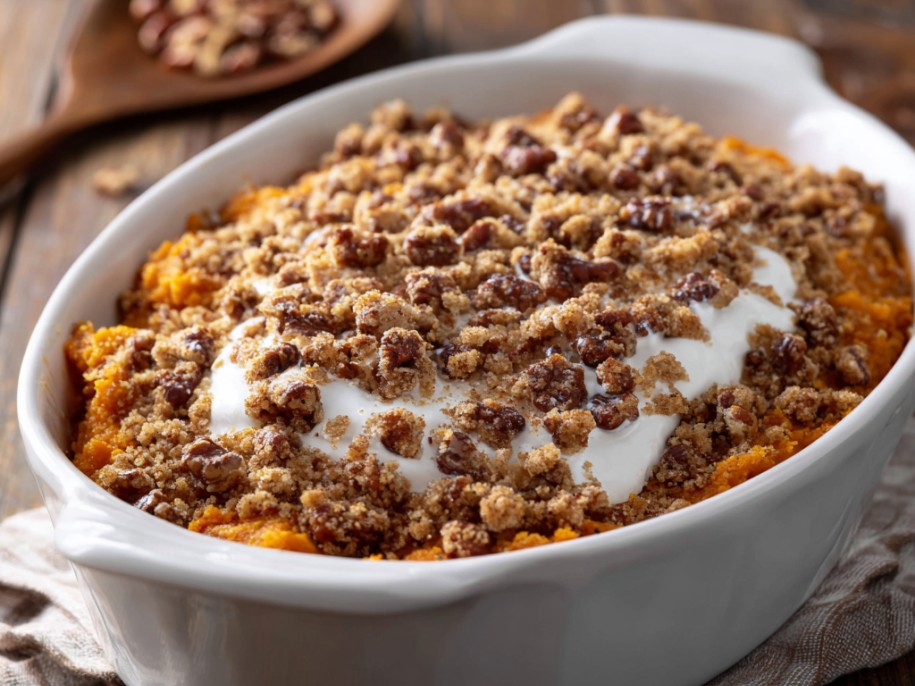 Whipped sweet potatoes with brown butter, vanilla, and warm spices, topped with either a pecan streusel or a toasted marshmallow layer depending on who is coming to dinner. I make both versions and let people fight.