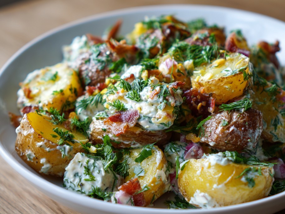 Baby potatoes boiled until tender, smashed flat, roasted until the edges are shatteringly crispy, then tossed warm in a tangy herbed dressing with capers and fresh herbs. The best potato salad has never been cold.