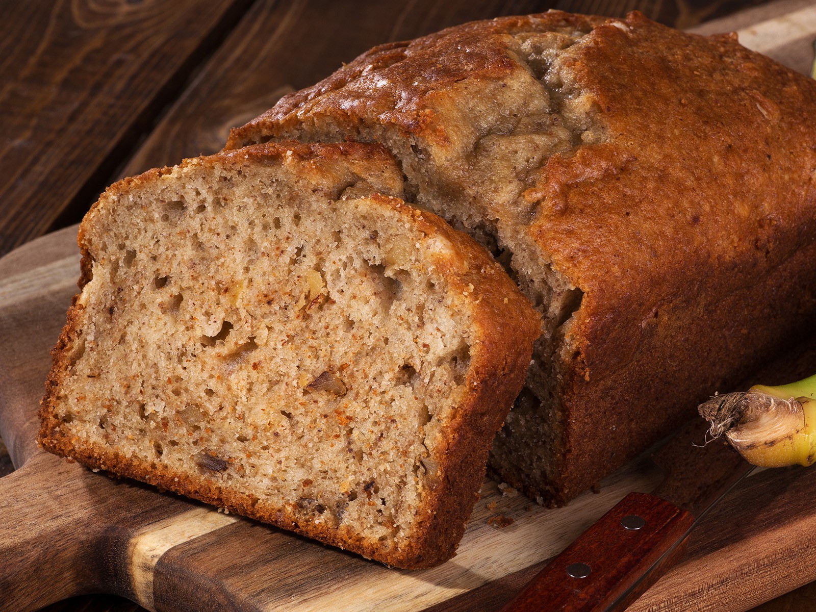 Four very ripe bananas, browned butter, brown sugar, and a swirl of Nutella if you are feeling it. Moist, dense, not too sweet. The loaf that disappears before it can cool.