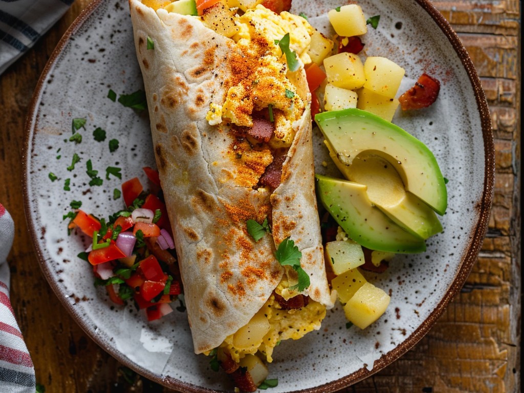 Everything good about breakfast wrapped in a warm flour tortilla. Scrambled eggs, crispy chorizo, black beans, cheddar, and avocado. Meal prep friendly and endlessly customizable.