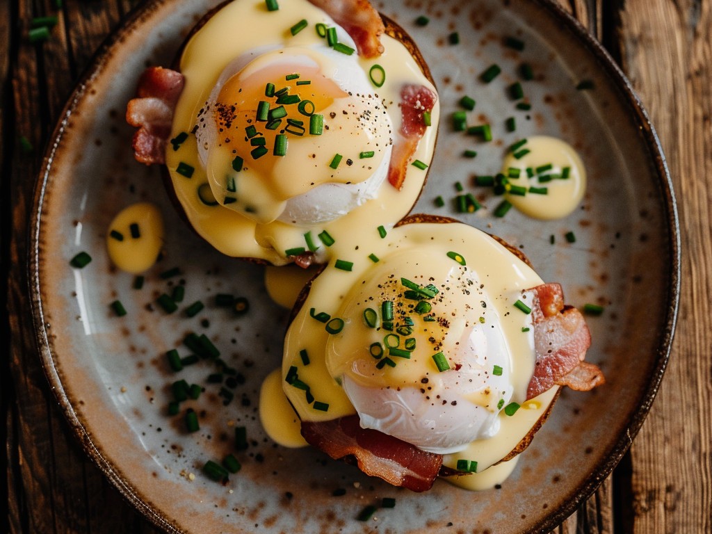 The crown jewel of brunch. Toasted English muffins, crispy bacon, perfectly poached eggs, and a glossy hollandaise that takes patience but rewards you completely.