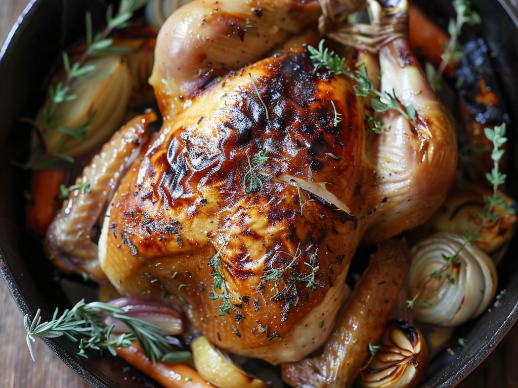 Dry-brined for 48 hours, roasted at high heat on a bed of aromatics. The skin shatters when you cut it. The meat stays juicy. The pan drippings become a sauce that is better than most restaurants.