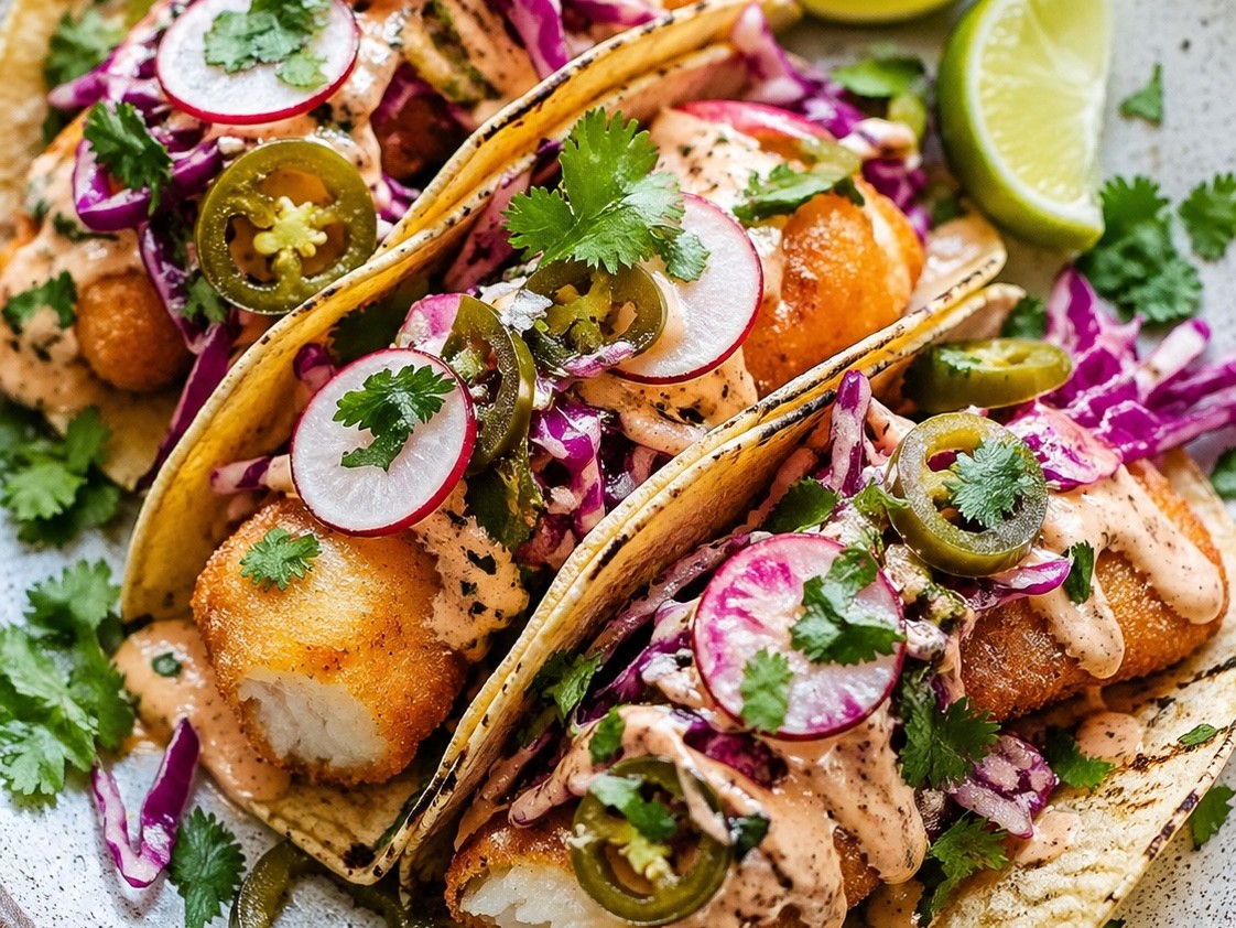 Beer battered cod fried until golden and crispy, served in warm corn tortillas with chipotle crema, purple cabbage slaw, and pickled jalapeños. The crunch is everything.