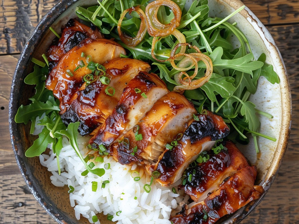 Chicken thighs marinated in white miso, butter, garlic, and honey — roasted until lacquered and caramelized — served over arugula dressed in lemon and olive oil with crispy shallots and steamed rice.