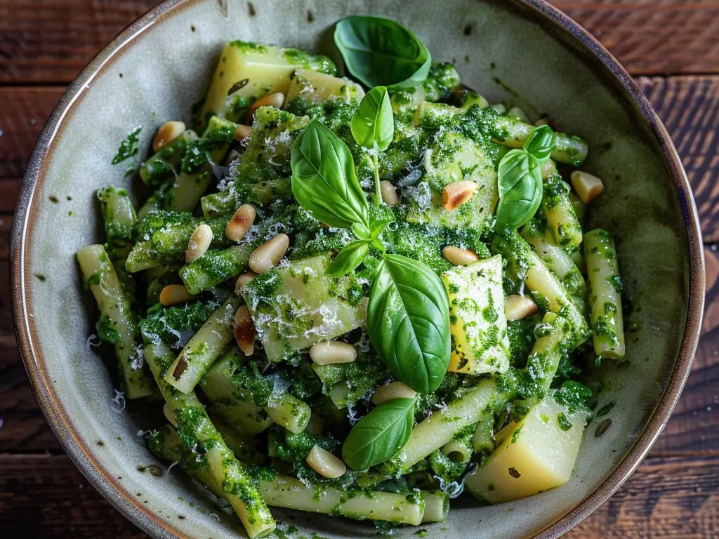 Fresh basil pesto made in a mortar and pestle — not a blender — with pine nuts, garlic, pecorino, and the best olive oil you own. Tossed with trofie pasta and a handful of green beans and potatoes.