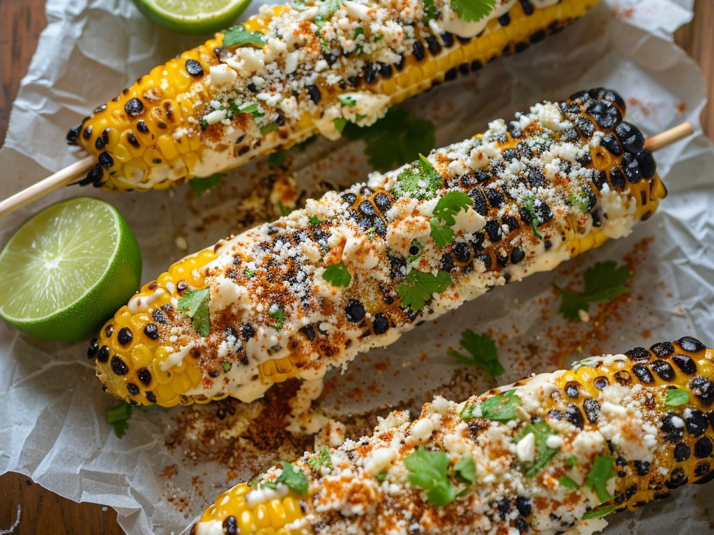 Grilled corn on the cob slathered in mayo, rolled in cotija, dusted with Tajín and chili powder, and finished with a squeeze of lime. The flavor combination that converted everyone who ever said they didn't like mayo.
