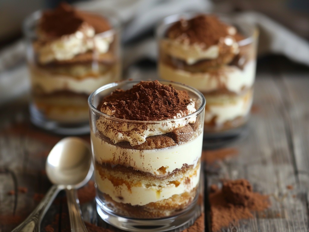 Individual tiramisu cups with espresso-soaked ladyfingers, a mascarpone-egg yolk cream whipped light, and a generous dusting of dark cocoa. No oven required. Better after 24 hours in the fridge.