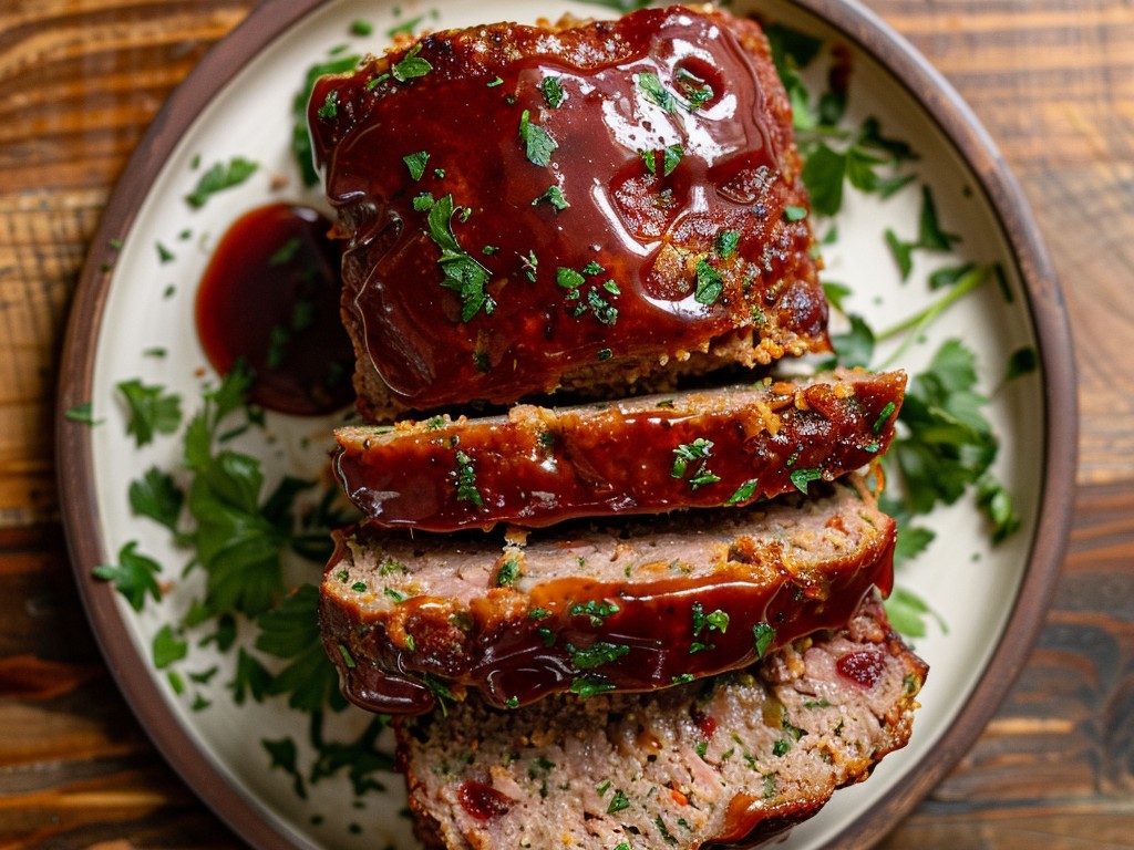 The meatloaf that converts meatloaf skeptics. Beef and pork blend with onion, garlic, fresh herbs, and a ketchup-brown sugar glaze that caramelizes in the oven. Slices clean, tastes like home.
