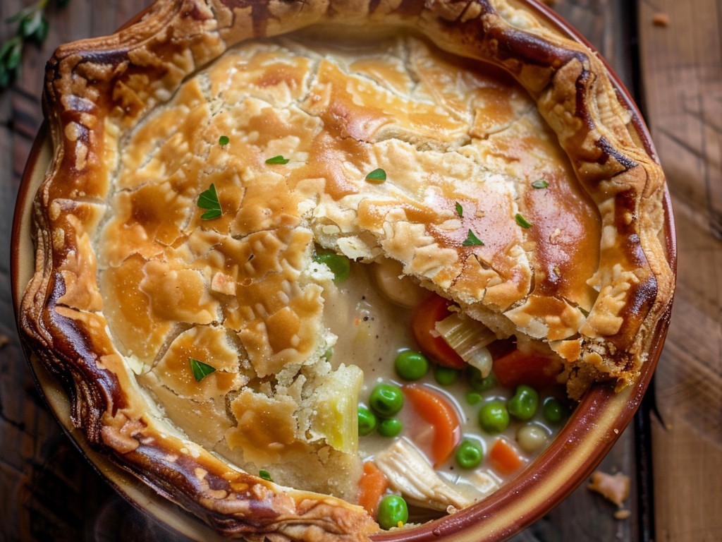 A golden, flaky pastry crust over a creamy filling of chicken, peas, carrots, and celery in a velvet sauce made from scratch. The kind of comfort food that belongs on every table in winter.