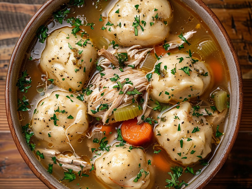 Southern soul food at its best. Slow-simmered chicken in a herb-rich broth with fluffy drop dumplings that cook right in the pot. This is the dish that feels like being taken care of.