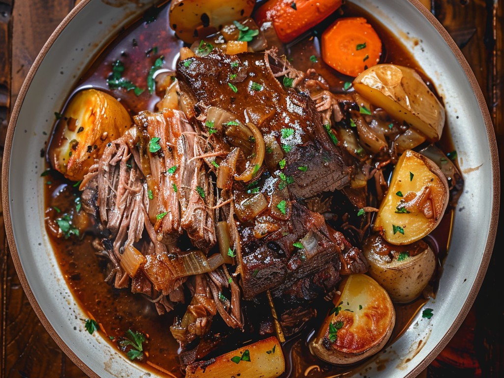 Chuck roast braised in red wine and beef broth with garlic, onions, and root vegetables until it pulls apart with a fork. This is the smell of Sunday afternoon. It fills the whole house.