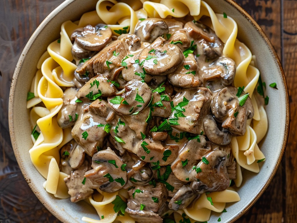 Tender strips of beef tenderloin in a rich mushroom and sour cream sauce over egg noodles. Old-fashioned in the best way. The sauce should coat the noodles and the beef should melt.