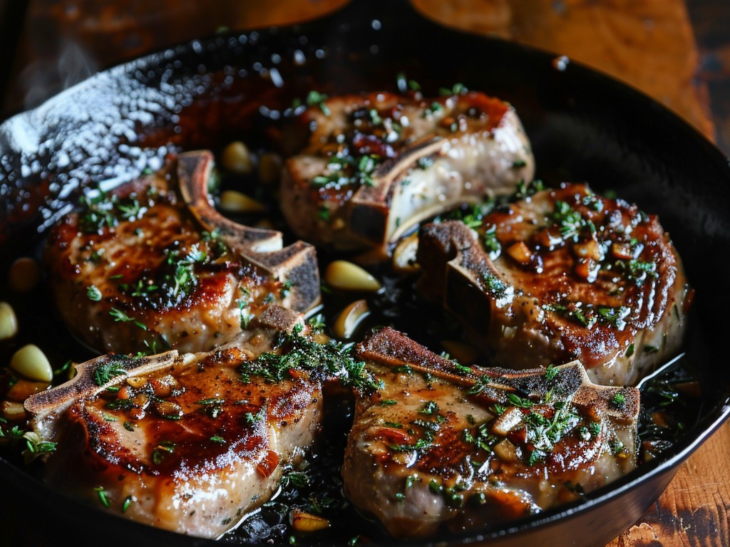 Thick-cut bone-in pork chops brined in apple cider, seared in cast iron until the crust is deep mahogany, and finished in butter with thyme and garlic. Pork done properly stays juicy.