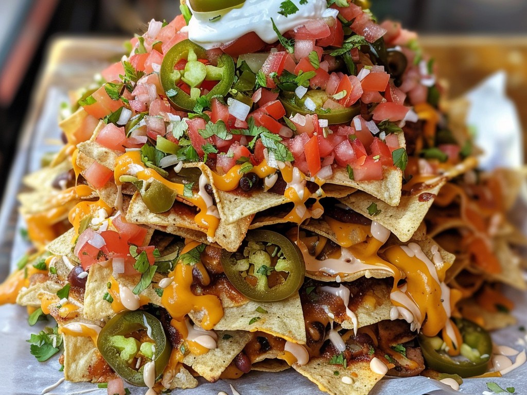 A mountain of tortilla chips loaded with slow-cooked beans, melted cheese, jalapeños, pico de gallo, sour cream, and guacamole. Built in layers so every chip is covered.