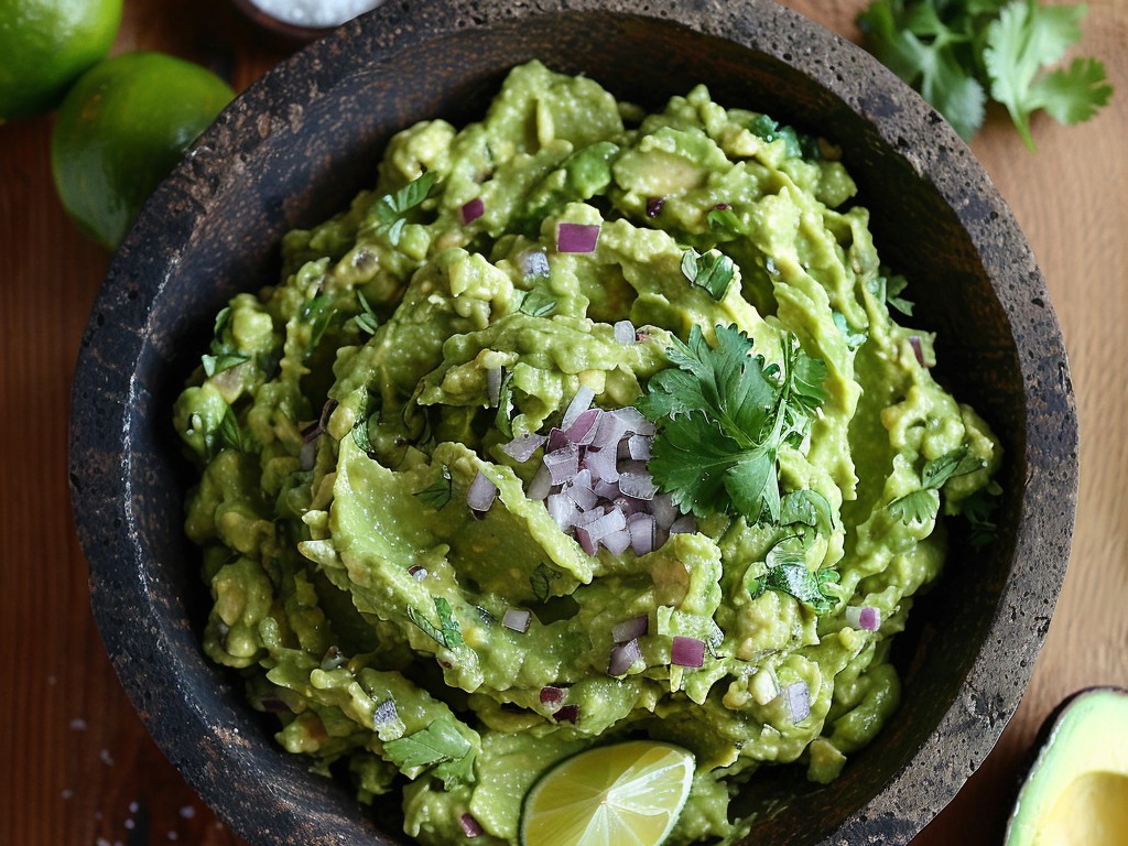 Made to order, eaten immediately. Ripe Hass avocados, white onion, serrano chile, cilantro, lime, and salt. Nothing more. The secret is not smashing it completely smooth.