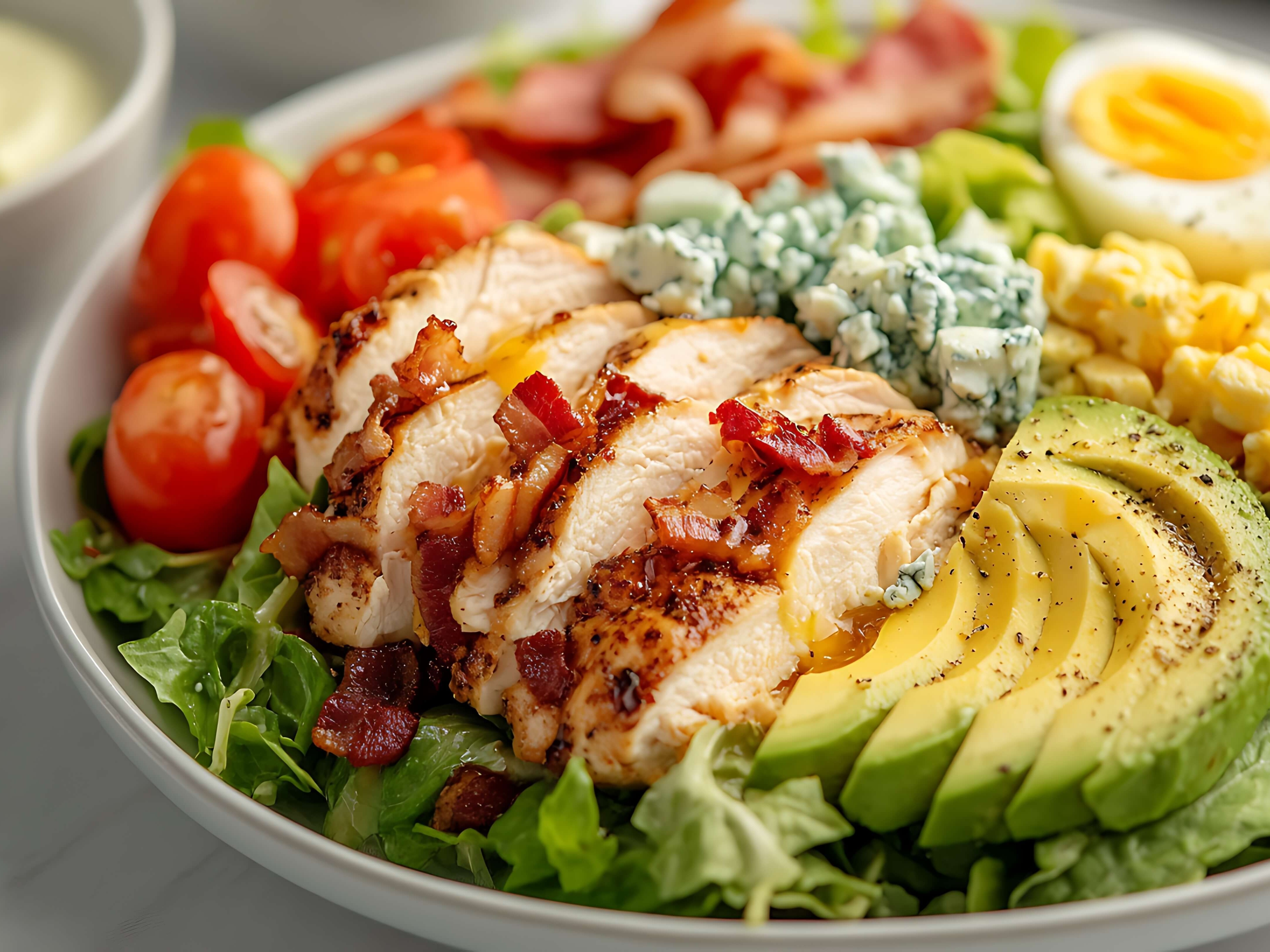 A composed salad that is really a full meal. Grilled chicken, crispy bacon, hard-boiled eggs, avocado, blue cheese, and tomatoes over romaine with a tangy red wine vinaigrette.