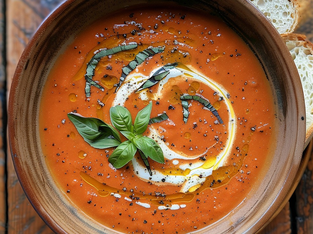 Slow-roasted San Marzano tomatoes blended with caramelized onions, garlic, and fresh basil. Finished with cream. Grilled cheese is not optional — it is required.