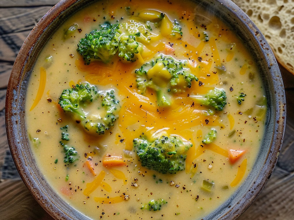 Velvet-smooth with tender broccoli and sharp cheddar that pulls as you lift the spoon. Better than Panera and made in 30 minutes. Serve in a bread bowl for full commitment.