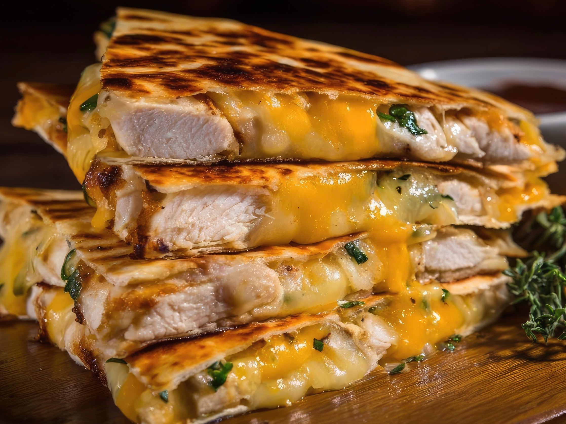 Flour tortillas filled with grilled chicken, roasted peppers, caramelized onions, and a blend of Oaxacan and Monterey Jack cheese. Cooked until the cheese pulls and the tortilla is crispy and blistered.