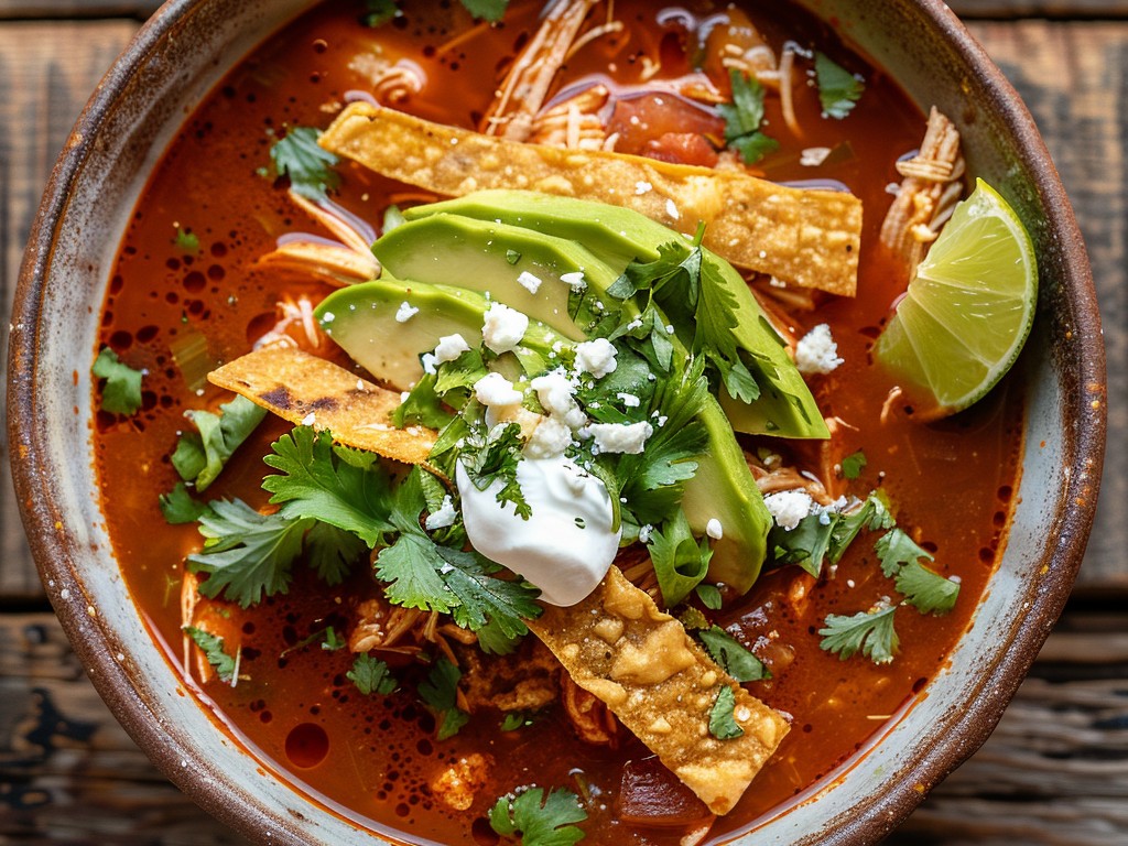 Smoky, spiced, and deeply satisfying. Shredded chicken in a tomato-chile broth topped with crispy tortilla strips, avocado, sour cream, and cotija. This one disappears fast.