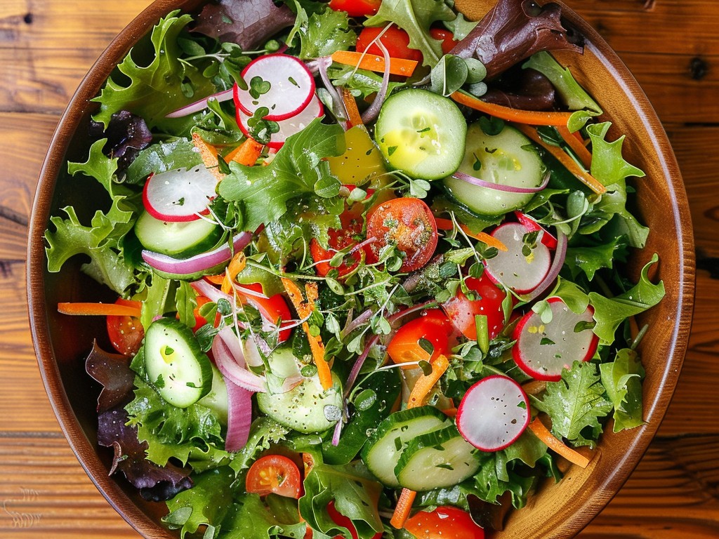 Simple does not mean boring. A bright, crunchy mix of seasonal vegetables with a homemade lemon-herb vinaigrette. The trick is drying the lettuce completely before dressing.