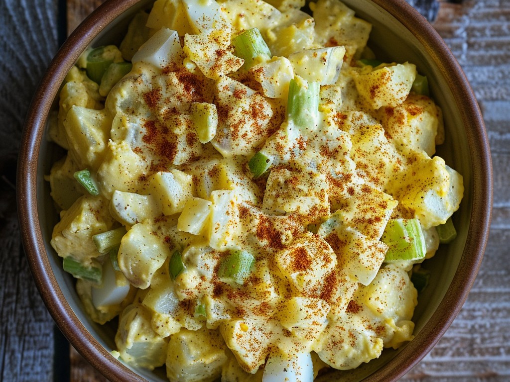 Creamy, mustardy, and slightly sweet. Hard-boiled eggs, celery, sweet pickle relish, and a generous hand with the paprika on top. My grandmother's recipe, unchanged since 1972.