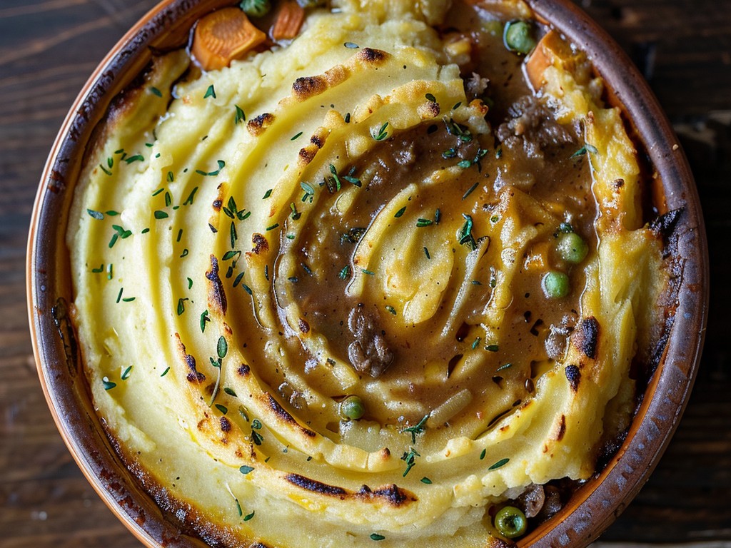 Slow-cooked lamb and vegetable filling under a piped crown of buttery mashed potatoes, broiled until the peaks are golden and the filling is bubbling around the edges.