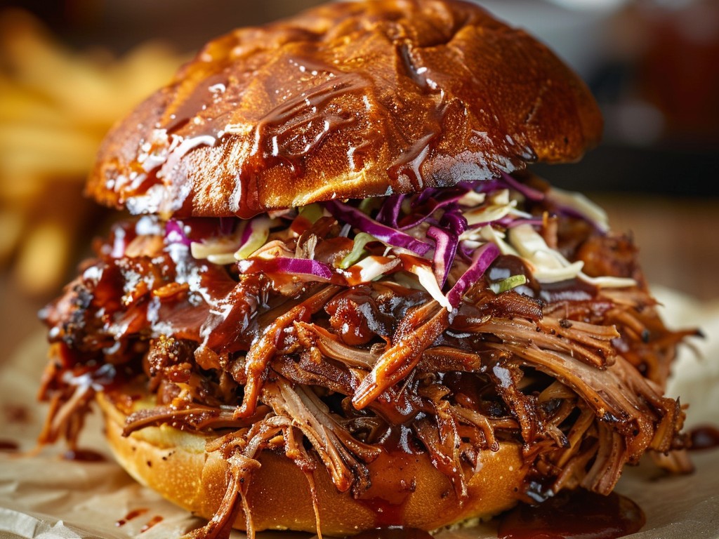 Pork shoulder rubbed with a spice blend and smoked low and slow for 12 hours until it pulls apart effortlessly. Served on brioche buns with coleslaw and vinegar-based BBQ sauce.