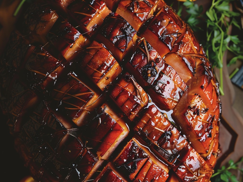 A whole bone-in ham scored in a diamond pattern and studded with cloves, glazed with brown sugar, Dijon, orange juice, and bourbon until the exterior is lacquered and caramelized.